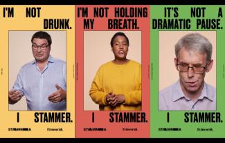 Three posters showing people mid-stammer