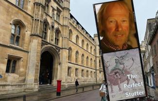 A historic Cambridge university building, with insets of a man smiling and a book cover