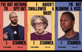 Three posters showing people mid-stammer