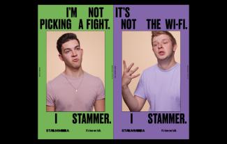 Three posters showing people mid-stammer