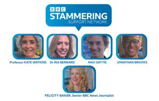 The header 'BBC Stammering Support Network', above five people's faces in thumbnails, with their names underneath