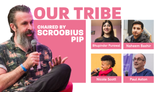 Text saying 'Our tribe' with five people's faces under and next to it