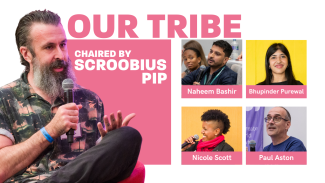 Text saying 'Our tribe' with five people's faces under and next to it