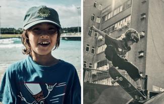 A boy in a cap smiling, next to an inset of the same boy skateboarding against a city backdrop