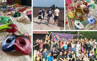 A collage, with two sets of freshly painted masks, a group of young people huddled together, and a group of hikers walking with their backs to the camera