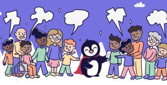 An illustrated penguin in a cape, holding a smartphone, surrounded by a diverse mix of adults and children, one in a wheelchair