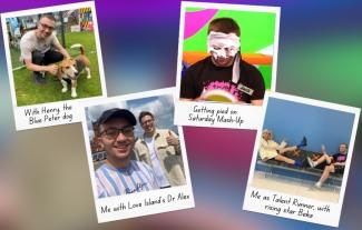 Four polaroid pictures featuring a man in different social scenarios