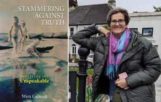 A book cover featuring three children playing on a beach with the title 'Stammering Against Truth'. Next to it is a woman smiling in an outdoor setting