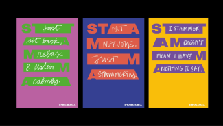 Three posters with the logo 'STAMMA' and handwritten words on the top