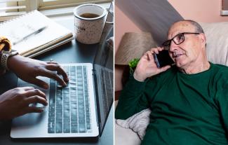 A woman's hands typing on a laptop, and a man on a sofa speaking into a phone