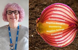 A woman smiling, next to a diagram of an onion, with words on each layer