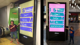 Two digital advertisments, with a woman and a girl standing next to them and pointing