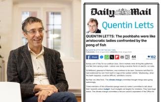 A man sitting down, smiling, next to an insert of a newspaper article