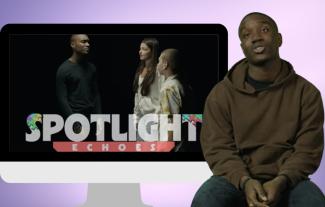 A man sitting on a stool, next to a screen showing the same man speaking with a woman and a boy. On the screen is the title 'Spotlight Echoes'