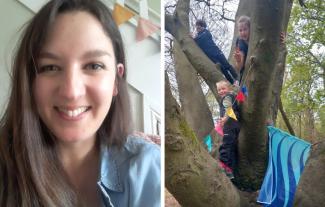 A woman smiling, next to an inset of three children playing in a tree