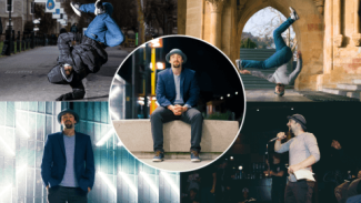 A man in five different poses, standing, sitting, breakdancing and speaking on a microphone
