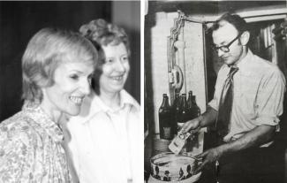 Two women smiling and a man holding an old pound note