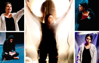 A woman performing on stage in a play, in five different poses