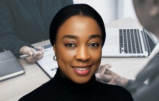 A woman smiling with a background scene of a job interview in progress
