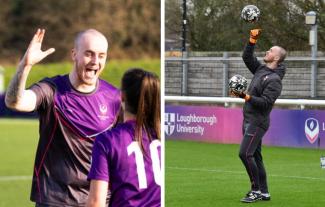 A man on a football pitch high fiving another player, and punching a football away