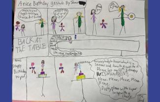 A child's hand-drawn comic strip