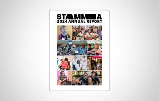 The front cover of a report, with numerous photos of people on it