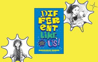 A book cover with two line drawings of a girl and a boy next to it