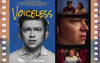 A film poster featuring a man earing headphones, with scenes from the film next it