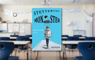 A book cover with an empty classroom in the background