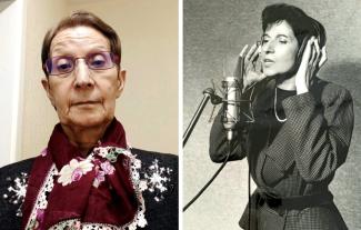 A woman smiling, next to her in her younger days, wearing headphones and singing into a microphone