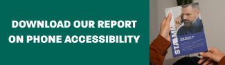 A pair of hands holding a leaflet, with 'download our report on phone accessibility'