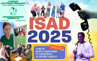 'ISAD 2024', surrounded by a group of adults, a woman, a group of children and a man speaking into a microphone