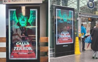 Two digital advertisements showing the same poster, featuring a man on his phone, with a gremlin's hand emerging from it