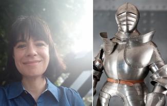 A woman smiling, next to a suit of armour