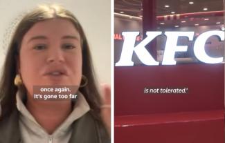 A woman talking, next to a KFC logo