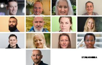 Heads and shoulders of thirteen people, six men and seven women