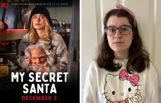 A film poster and a young woman looking serious