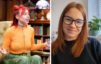 Two women, one sitting down with open arms, and the other smiling