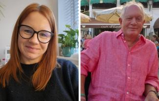 A woman smiling, and a man smiling