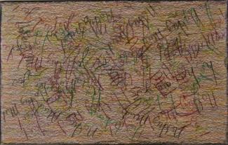 A piece of artwork featuring a muddle of words in different orders