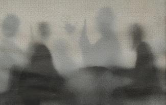 An abstract painting featuring two people in silhouette