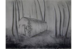 A pencil drawing of a cabin