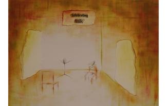 An abstract painting featuring two stick figures, one in a chair and one standing