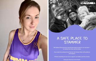 A woman in a running vest and a poster featuring the same woman with her family