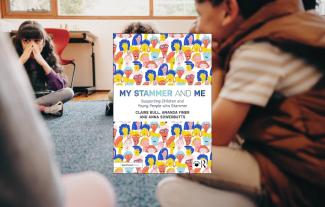 A book cover, with a backdrop of young children sitting in a room