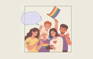 Five illustrated people taking a selfie and holding an LGBTQ+ flag