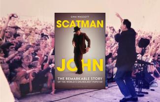 A book cover with a backdrop of an outdoor music concert, with a man on stage singing to the crowd