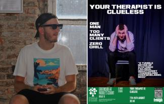 A man wearing sunglasses and a cap, looking to the right, at a poster featuring a man with his head in his hands. Above is the title 'Your Therapist is Clueless'