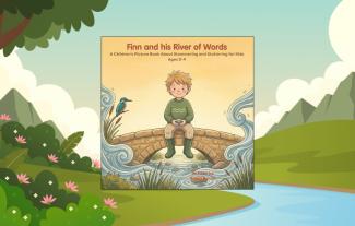 A children's book cover featuring an illustrated boy sitting on a bridge over a river