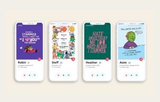 Four mobile phone screens with illustrations on them